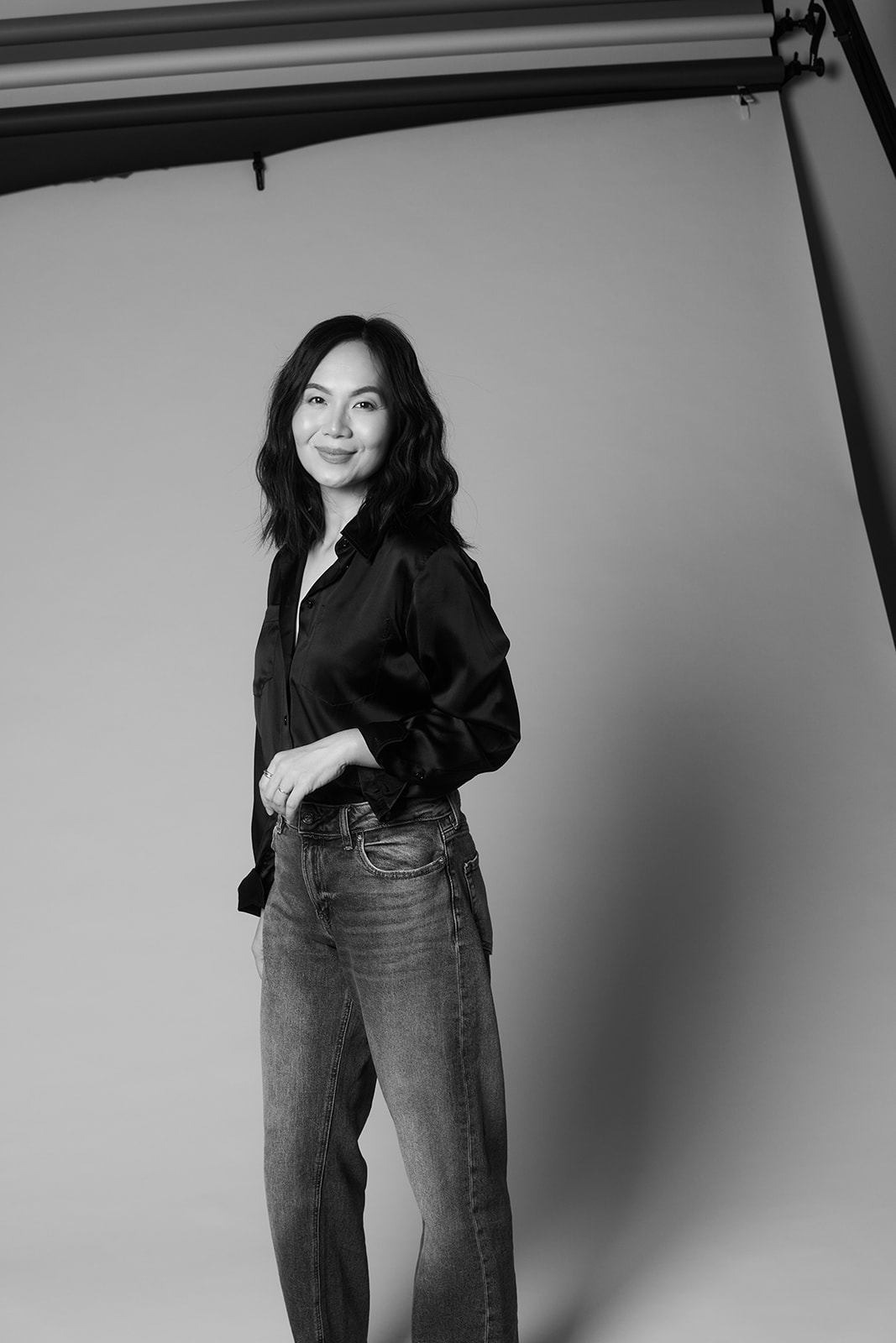 Meng Zhao — satin shirt, denim